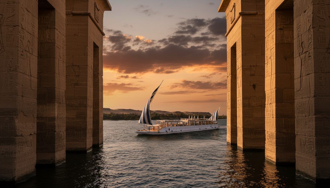 Cinematic view of Soul of the Nile luxury Dahabiya cruise sailing on the Nile River at sunset, framed by a massive ancient Egyptian temple gateway with hieroglyphic carvings